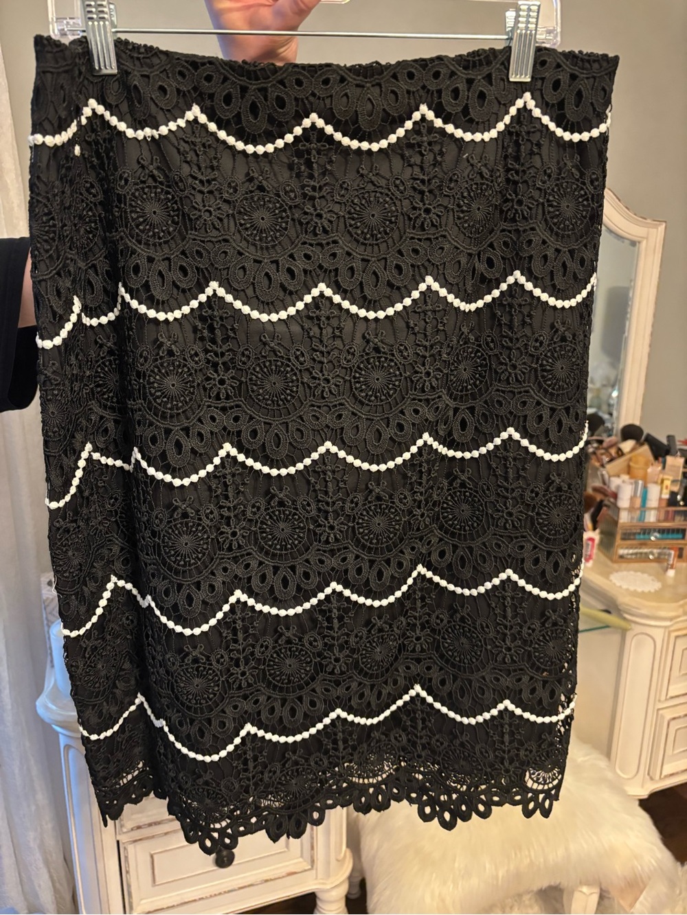 Black Lace Scallop-Trim Dress with White Bead Detail